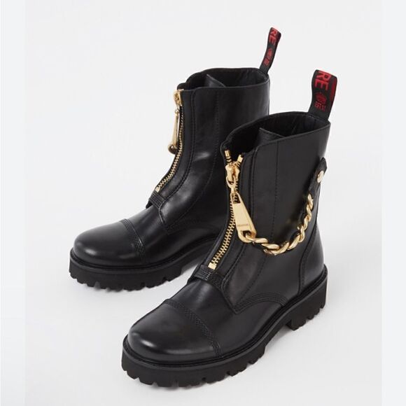 Zadig & Voltaire Joe Cecilia leather combat moto boots with gold chain New - Picture 4 of 16